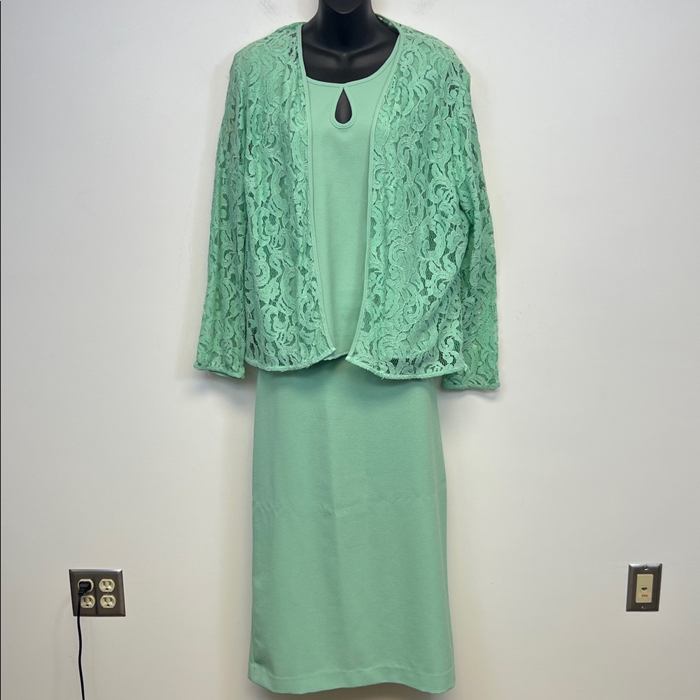 Bedford Fair Light Green Elastic Waist Midi Skirt Blouse & Lace Jacket Size 14